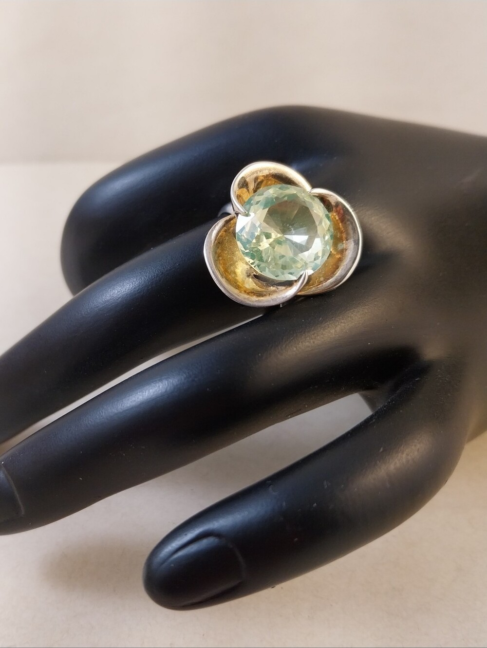 Vintage Sterling Silver Taxco Green Crystal Flower Ring - Picture 9 of 12